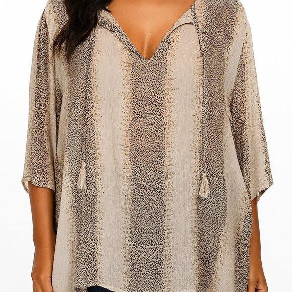 Sara Studio Blouse w/tasseled Tie 3/4 Sleeves Size XL Brown/Tan Print - … - Picture 1 of 9